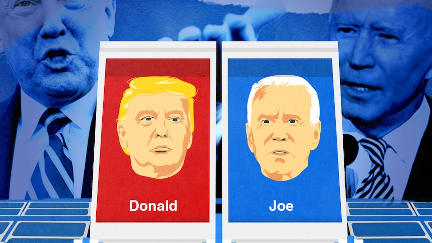 Donald Trump and Joe Biden blue and red graphic image.