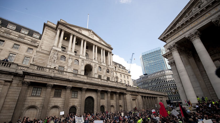 Protestors demonstrate outside the Bank of England