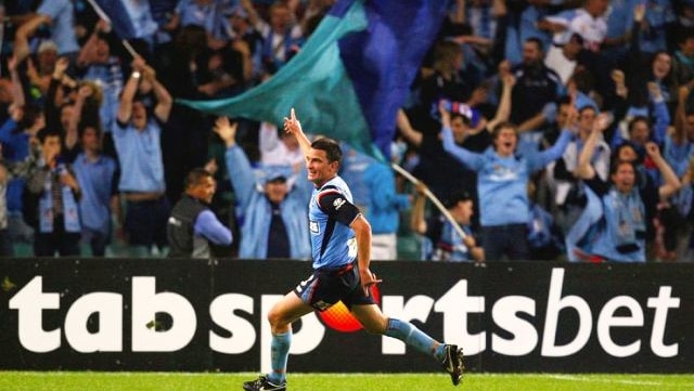 Sydney FC midfielder Stuart Musialik celebrates scoring against the Queensland Roar in 2008.