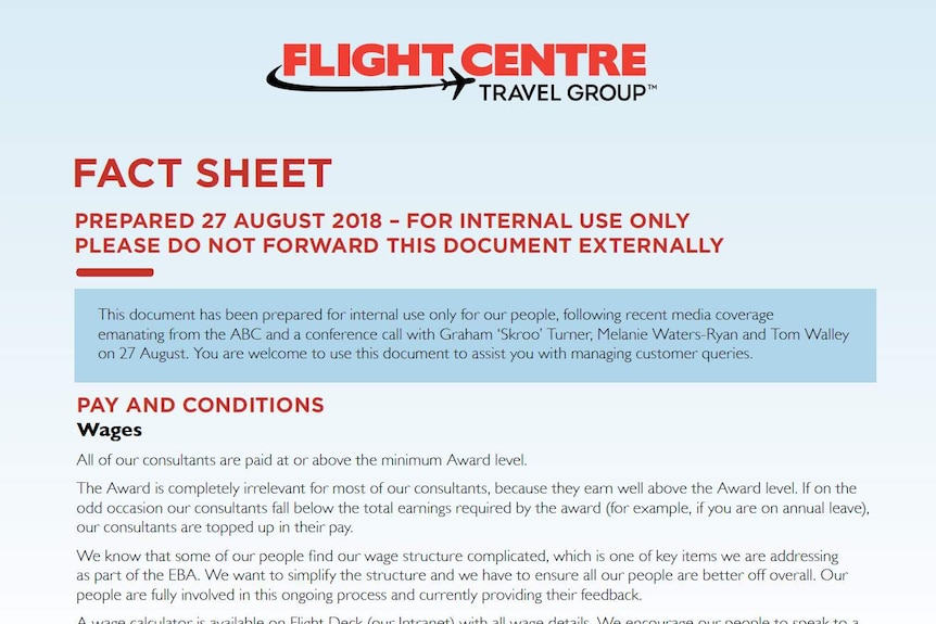 A Flight Centre internal document that reads "Fact Sheet" and "Do Not Forward this document externally"