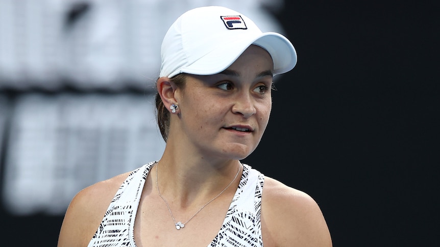 An Australian female tennis player pauses during a match.