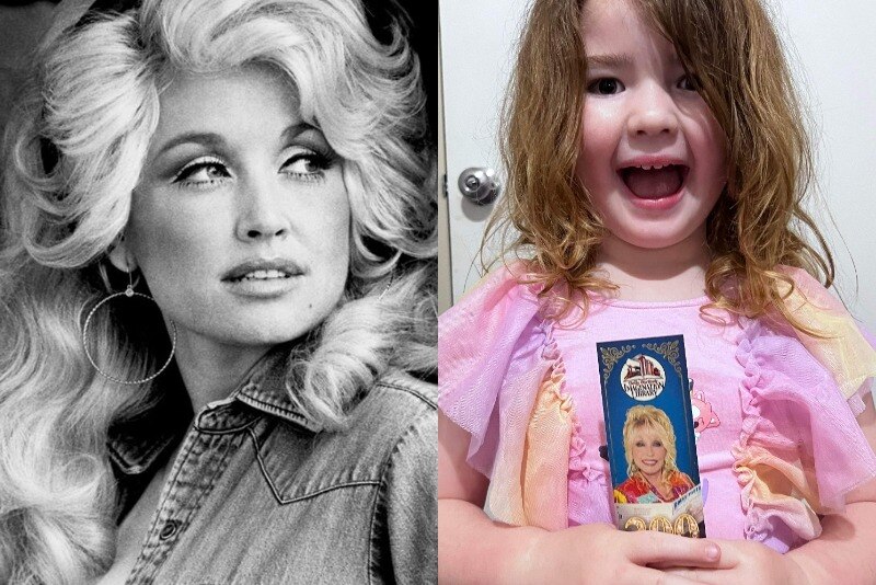 A composite image of Dolly Parton circa 1977 and a smiling young girl holding a bookmark with Dolly's face on it.