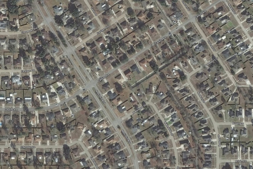 Satellite imagery shows suburban homes in Baton Rouge, Louisiana.