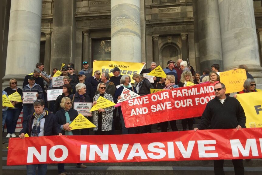 A group holding signs that say "We Support Farmers" and "Save Our Farmland" on the steps of Adelaide's Parliament House.