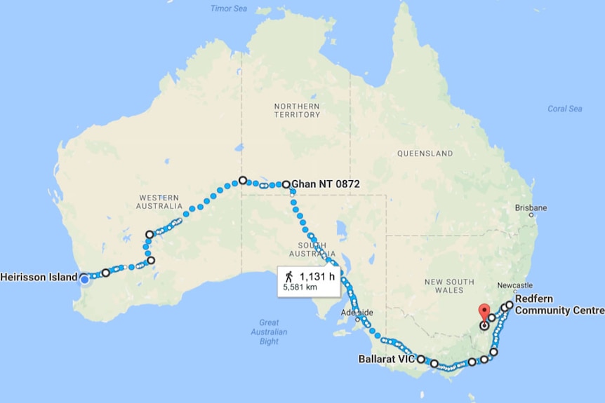A map of Clinton Pryor's journey from Perth to Canberra.