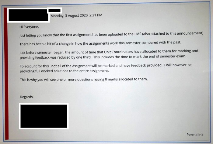 A screen capture of an email sent to students from their unit coordinator.