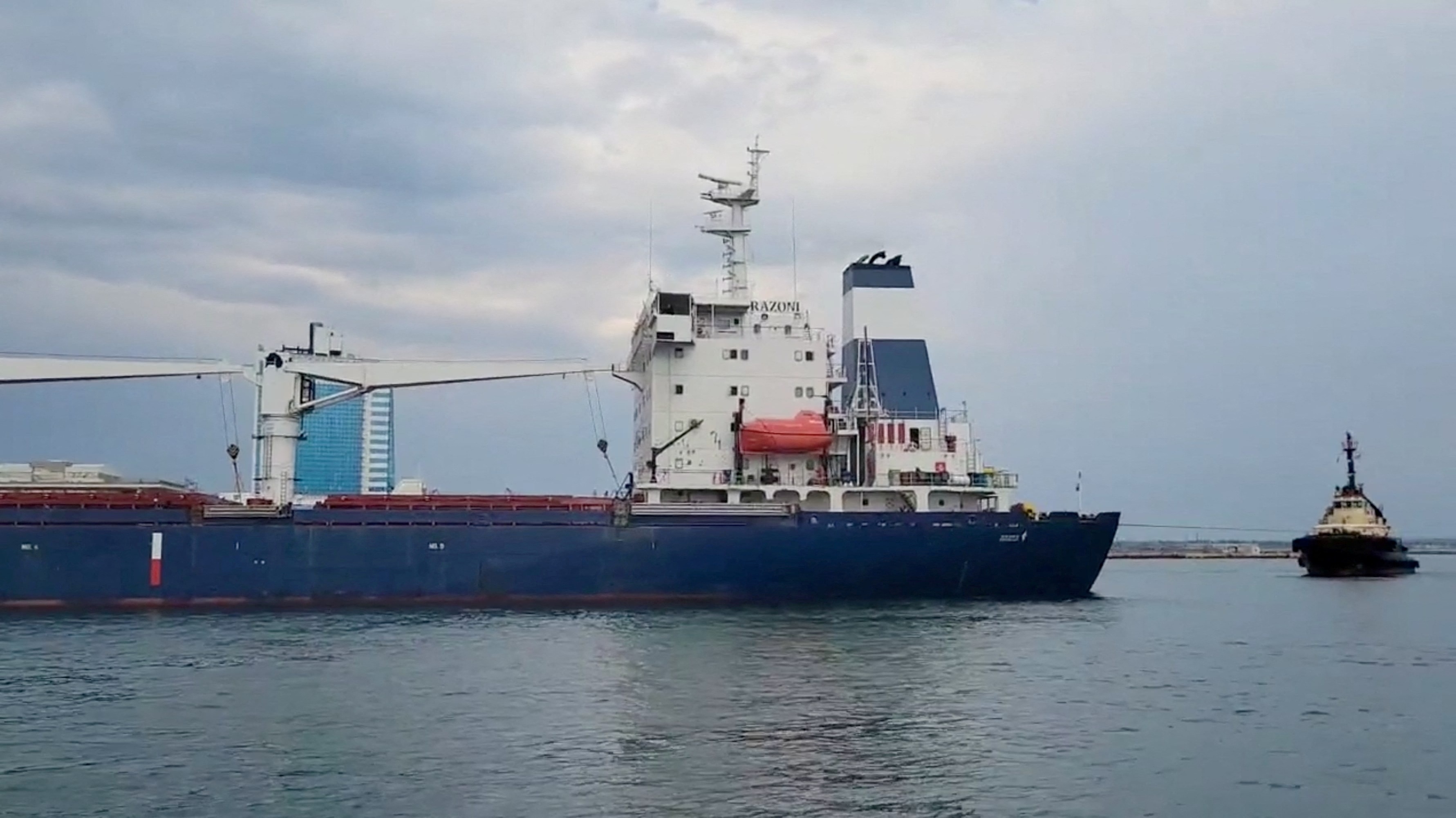 The Sierra Leone-flagged cargo ship, Razoni carrying Ukrainian grain leaves the port, in Odesa