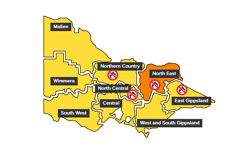 Um mapa de Victoria mostrando a proibição total de incêndios nos distritos de incêndio de Northern Country, Nordeste, Centro-Norte e Leste de Gippsland.