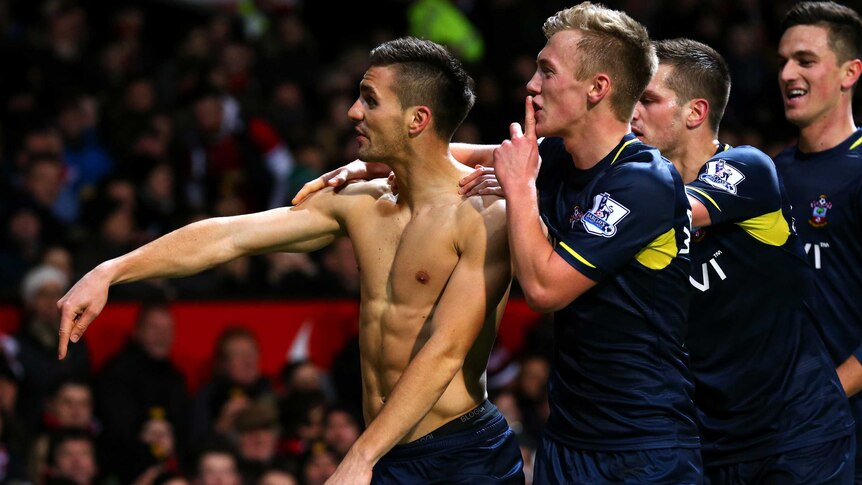 Dusan Tadic celebrates Southampton's winner at Old Trafford