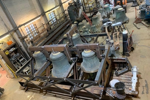 Large church bells being prepared for delivery to Lepea's church from London.
