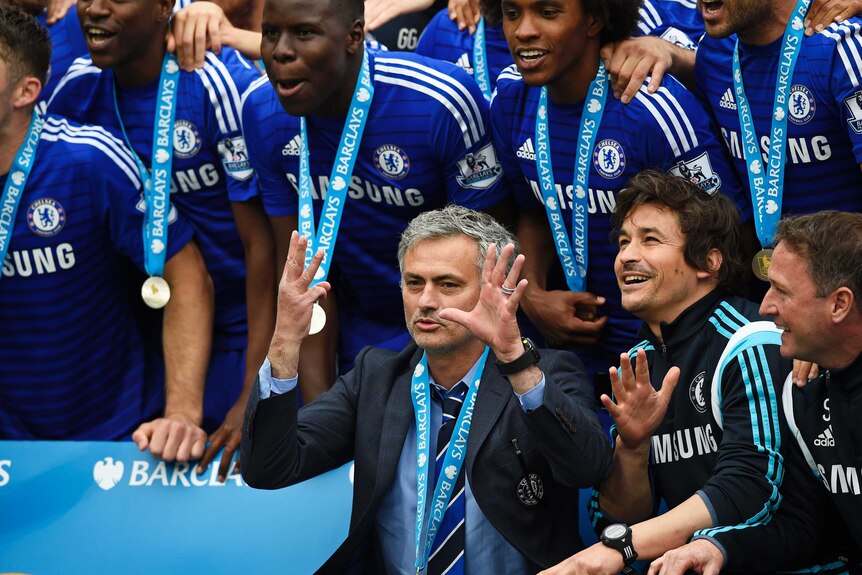 Chelsea manager Jose Mourinho celebrates after his team wins Premier League title on May 24, 2015.
