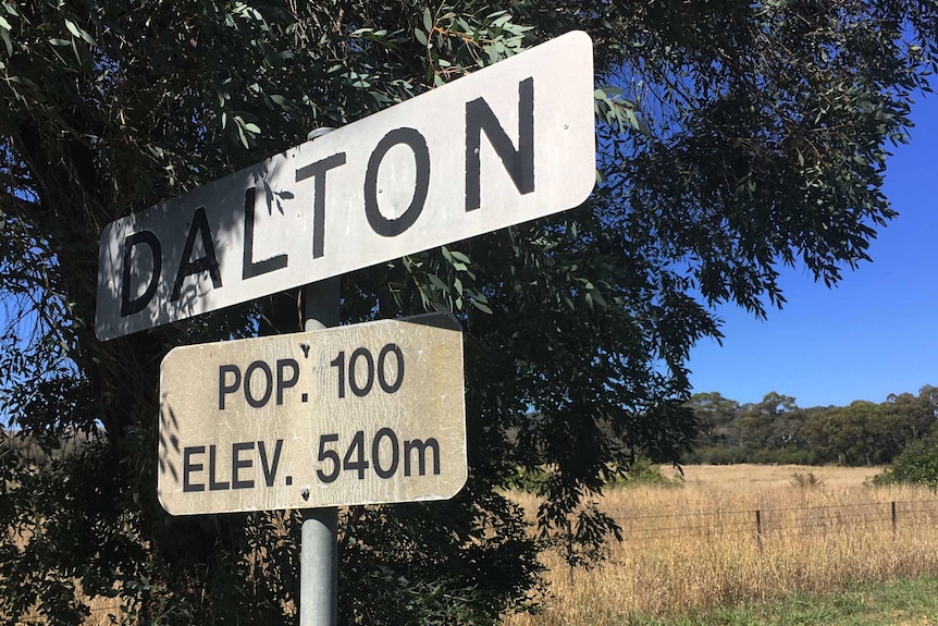 A road sign reading 'Dalton' next to a grassy paddock.