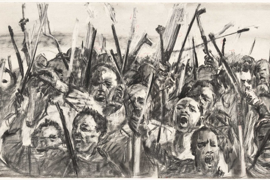 William Kentridge 1955, Drawing for the film Other Faces (protestors) 2011.