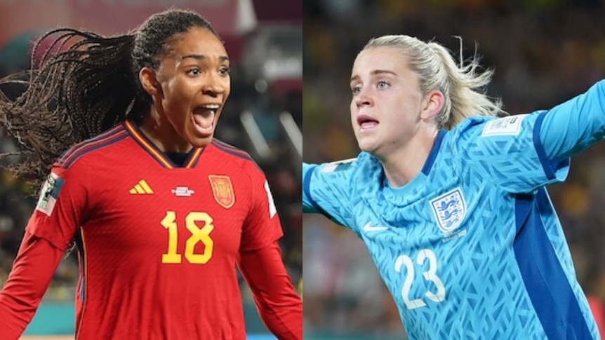 A composite image of Spain's Salma Paralluelo and  England's Alessia Russo celebrating