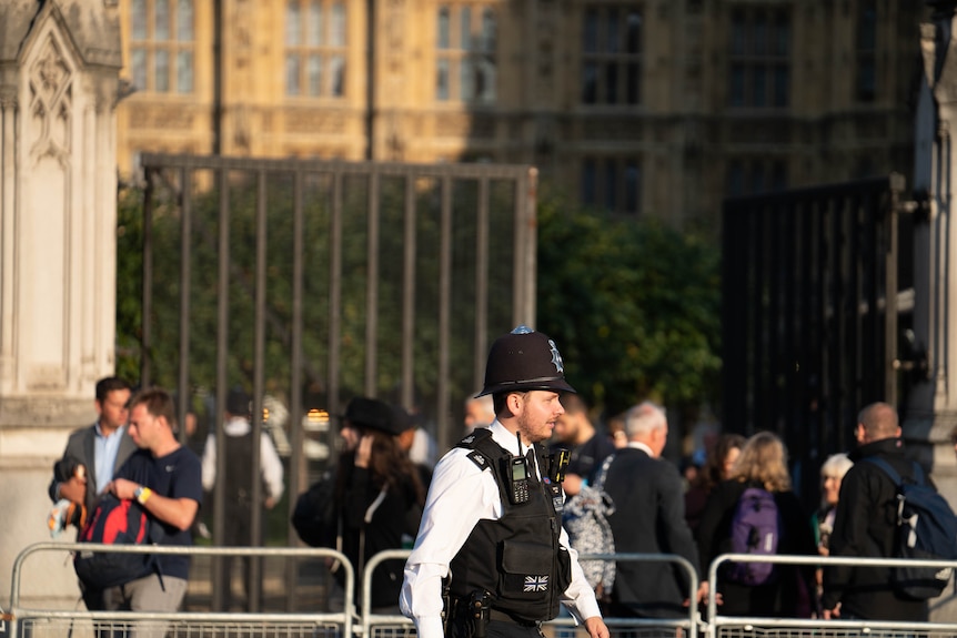 A police officer stands in front of crowds of people and Westminster in the background.