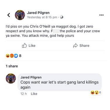 Two Facebook posts on Jared Pilgren's account which are the subject of charges.