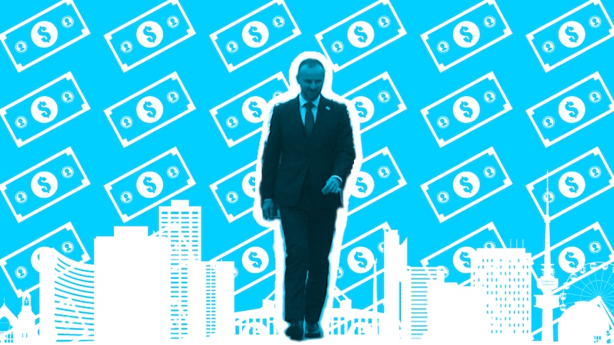 A digital illustration shows Andrew Barr walking with a background of banknotes behind him.