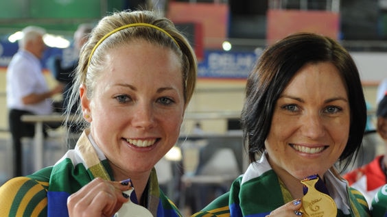 Medal rush... Australia's Kaarle McCulloch (l) and Anna Meares (r) took silver and gold in the 500m time trial