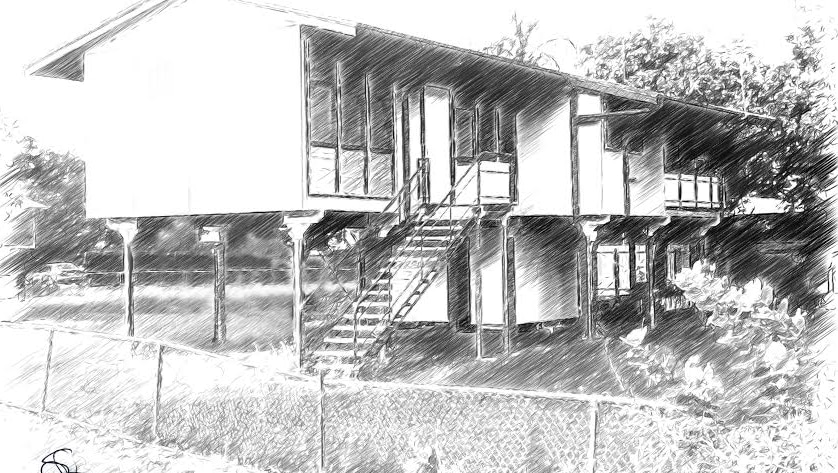 A black and white pencil drawing of a house.