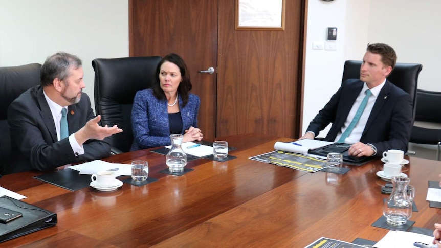 Liberal candidate Andrew Hastie (r) outlines his ice strategy to Attorney General Michael Mischin and Police Minister Liza Harvey.