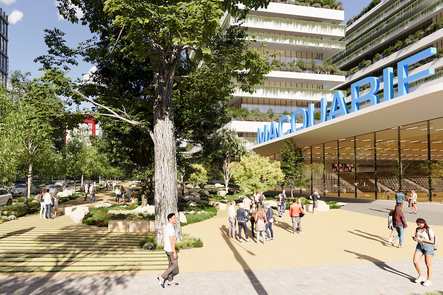 Depiction for plans of Macquarie Park with greenery, foot traffic and a blue sign that reads 'macquarie'