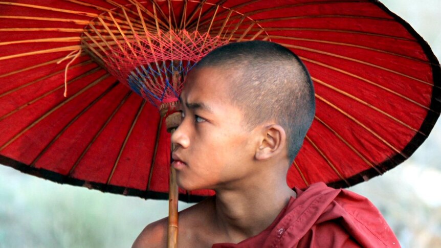 A young Burmese monk during a visit to the ancient Bagan temples.