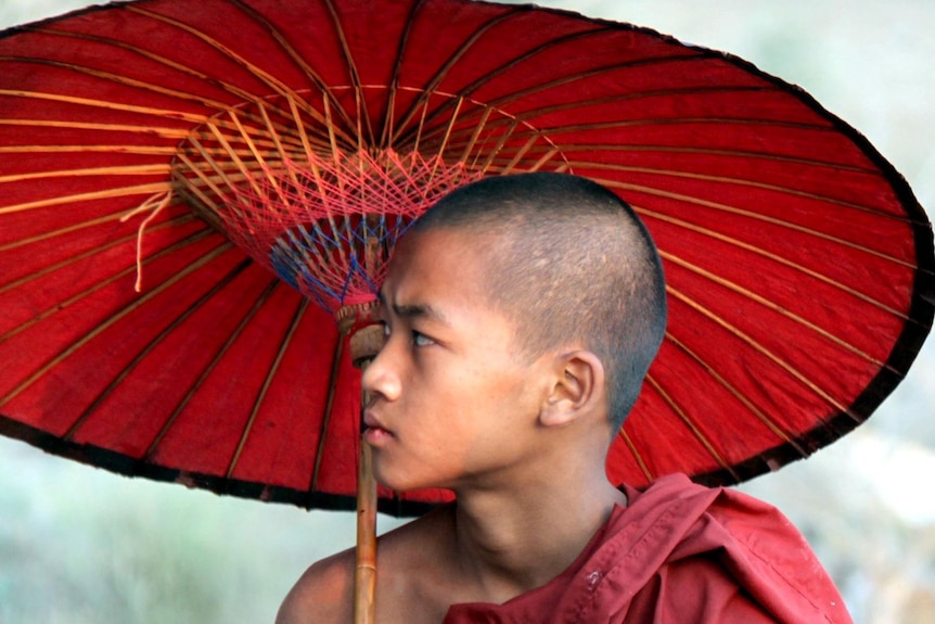 A young Burmese monk during a visit to the ancient Bagan temples.