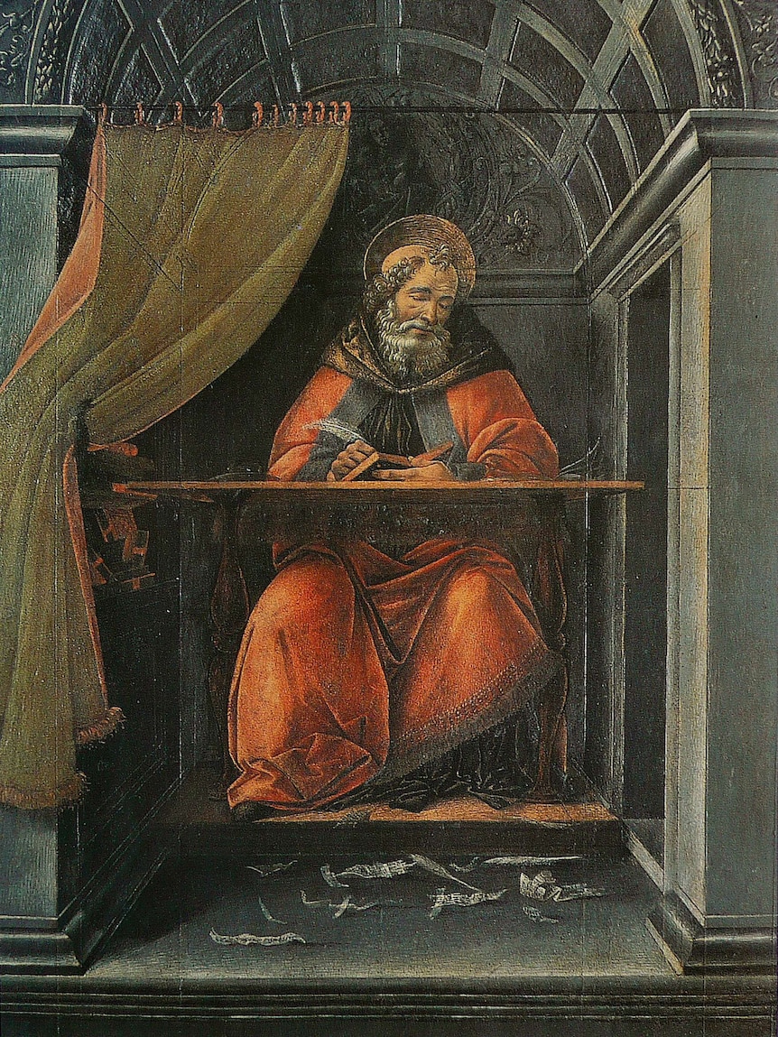 A painting of Saint Augustine in his study by Italian Renaissance master Sandro Botticelli.