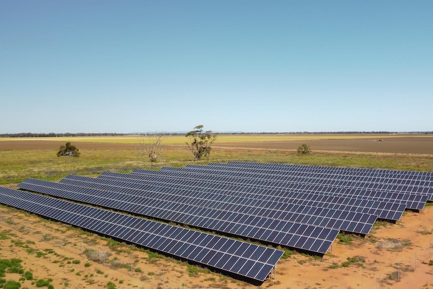 A drone shot of a row of solar panels, a tractor ploughs through a dry orange paddock in the distance, blue skies.