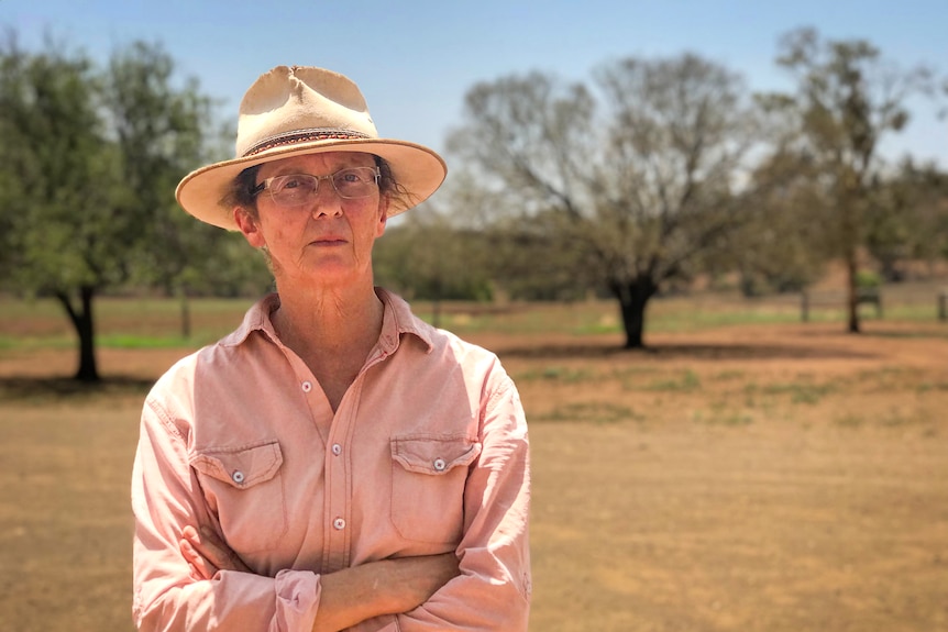 Margaret Fleck standing with crossed arms on her property at Mullaley in New South Wales, 2023.