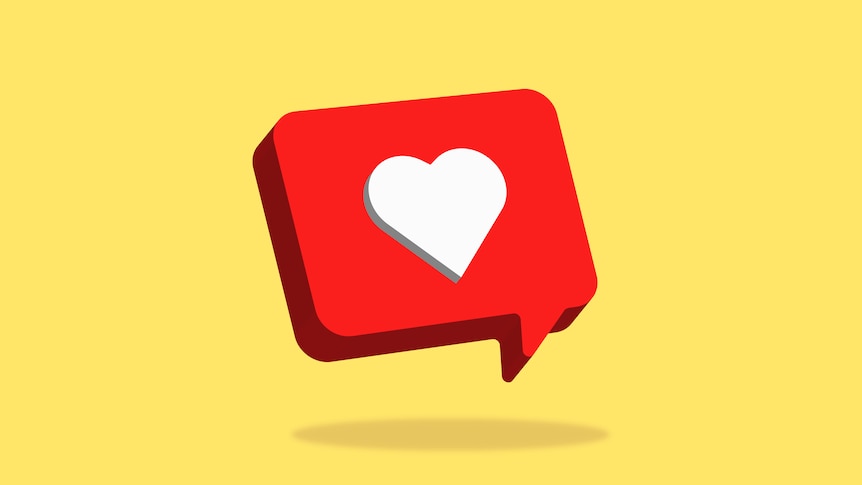 A "like" notification displaying a heart in a red message bubble on a yellow background.