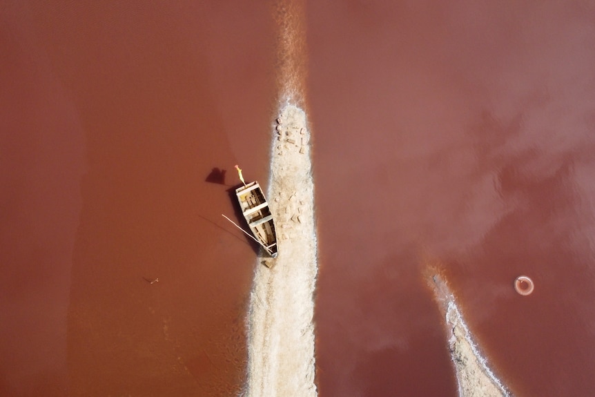 A view from above showing a pink body of water with a boat on the shore. 