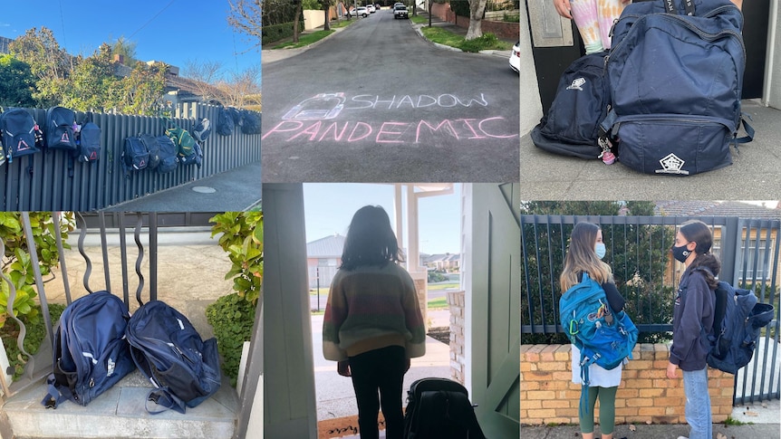 A collage of images of schoolchildren and schoolbags