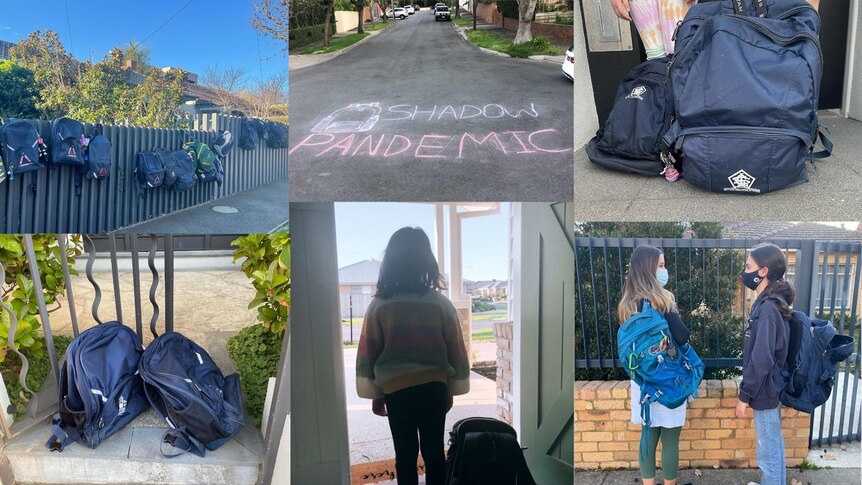 A collage of images of schoolchildren and schoolbags