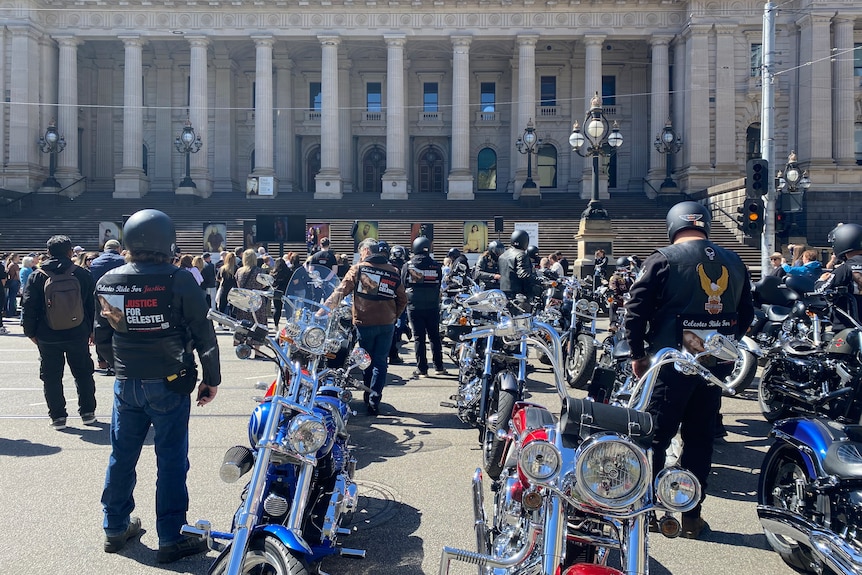 Multiple motorbikes lined up outside Victorian state parliament