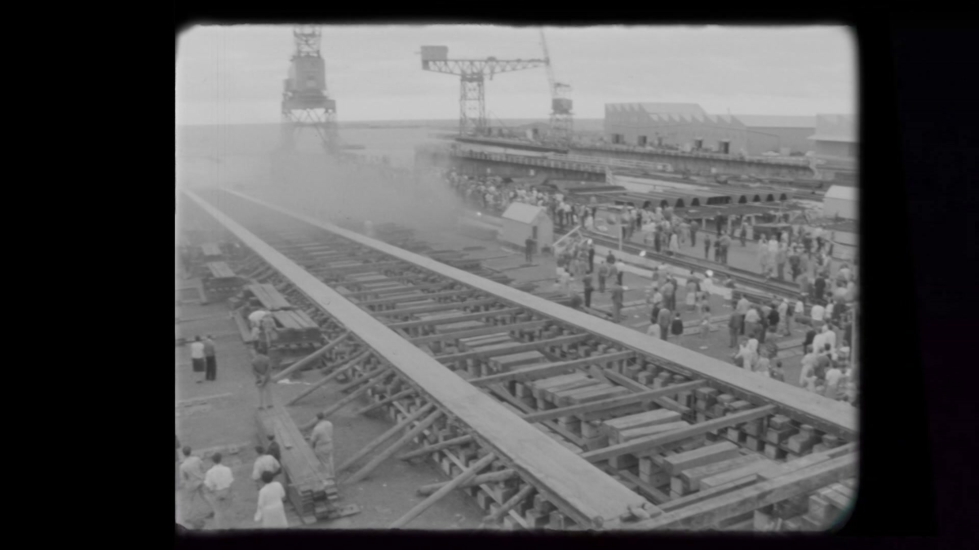 Black and white archival image of the Whyalla Steelworks in operation.
