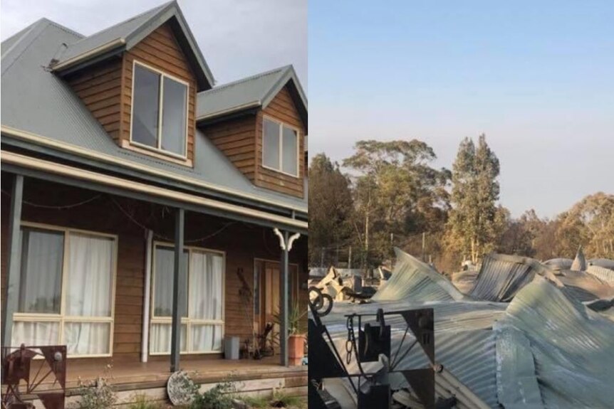 Before and after images of a house that was destroyed by bushfires in Sarsfield.