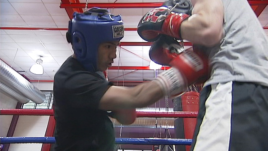 TV still of Nauru boxers training in Brisbane gym