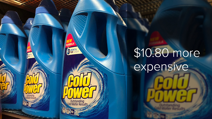 Plastic container of Cold Power washing liquid on the Doomadgee supermarket shelf is $10.80 more expensive than in Brisbane.