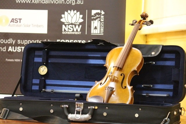 A wooden violin sitting in a case.