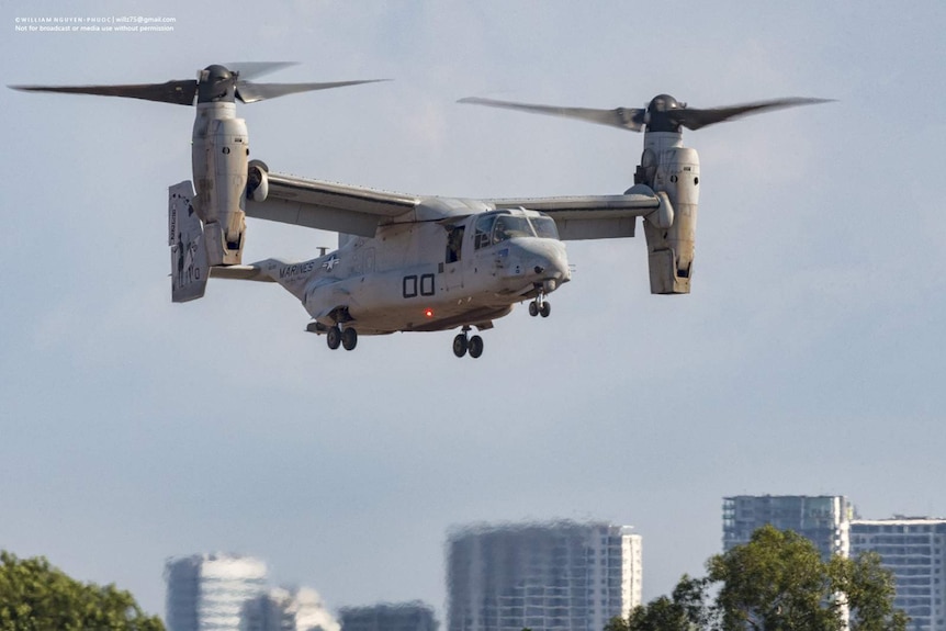 A US Marine MV-22 Osprey in the air over Darwin.