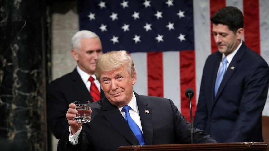 Trump during State of the Union gestures at podium