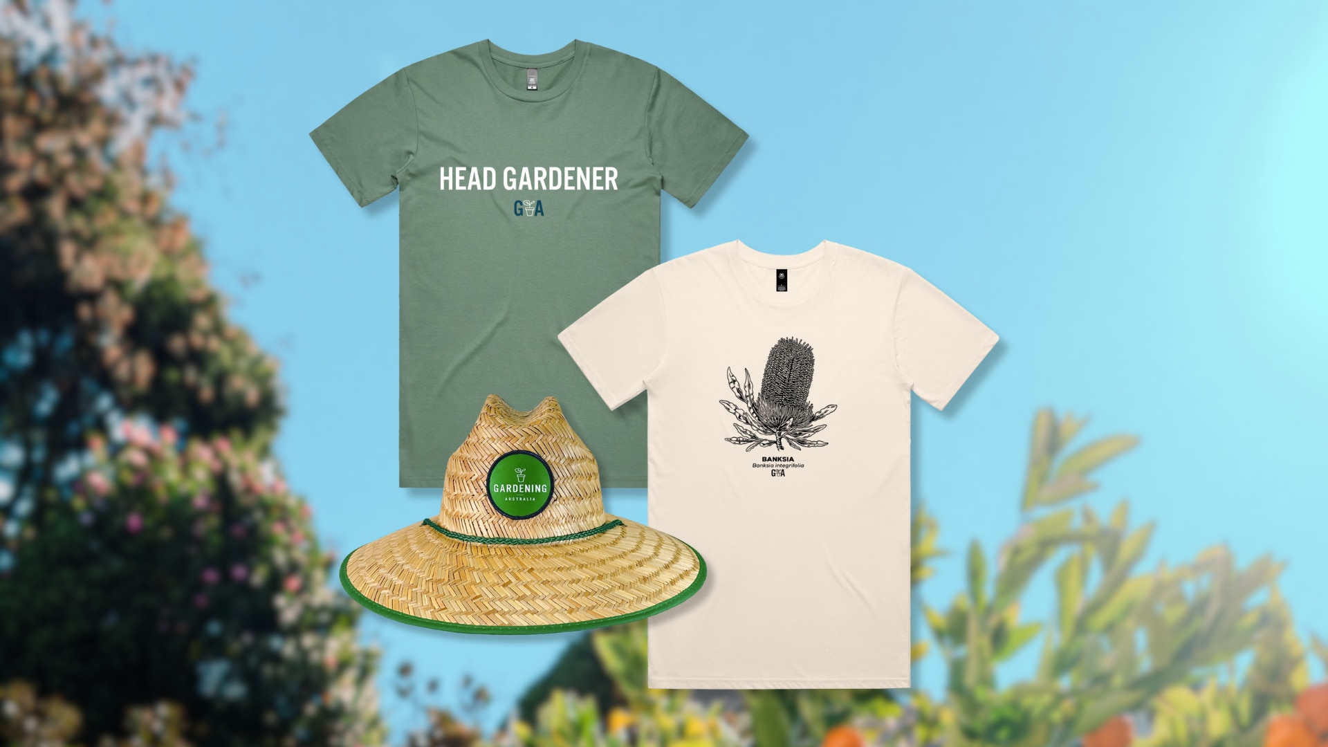 Gardening Australia tees and straw hat