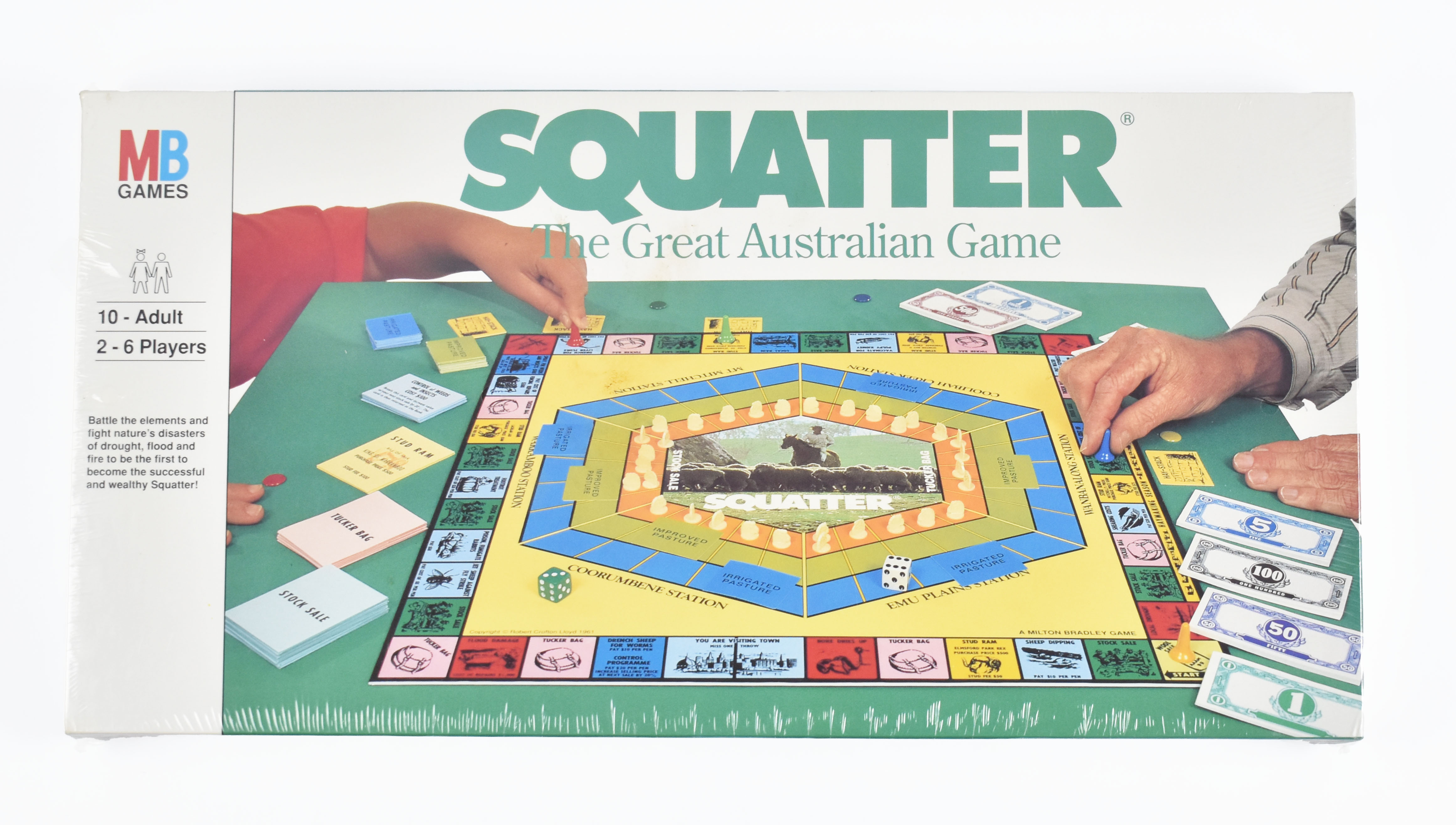 A cover of a board game with hands playing 