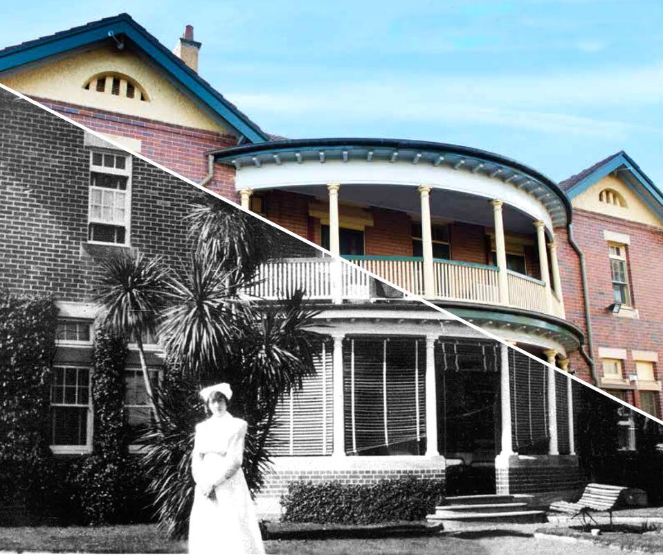 A picture showing a nurse in front of a historic building now and then.