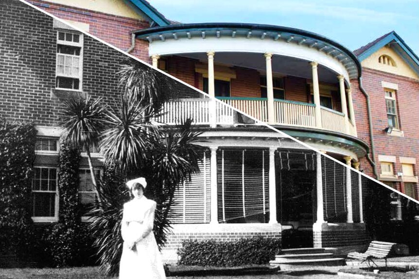 A picture showing a nurse in front of a historic building now and then.