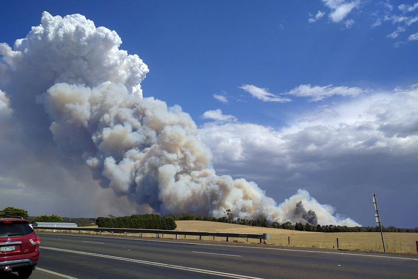 A massive plume of white smoke rises above a dry grass paddock beside a highway, with blue sky and clouds in the distance.
