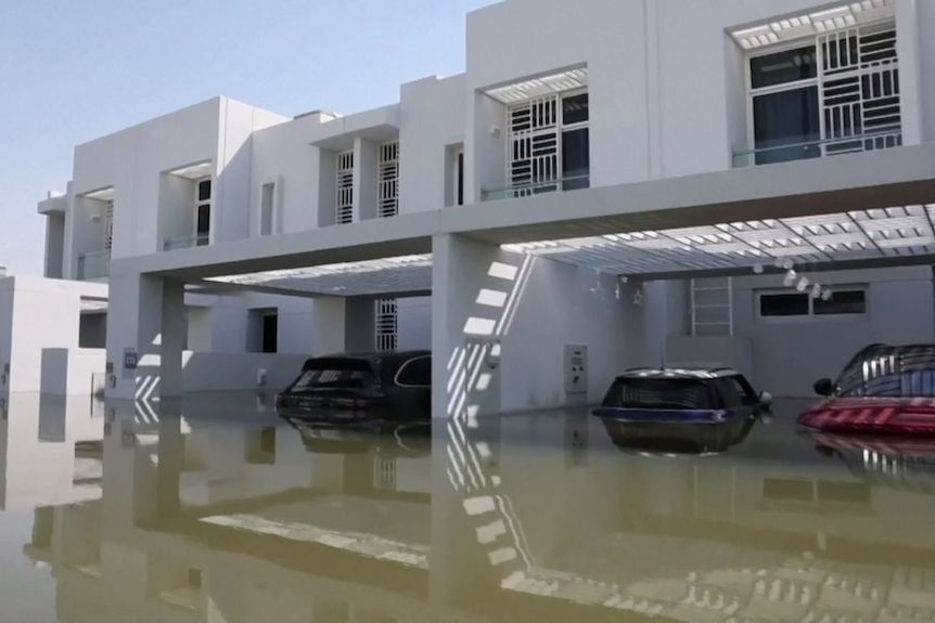 Floodwater inundates a street, with water halfway up cars in driveways in front of houses.