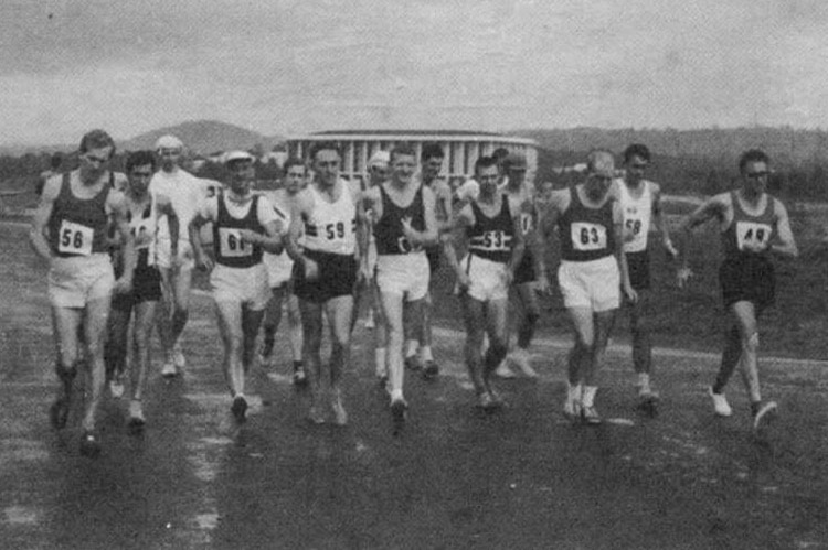 Racewalkers at the start line at the 1967 LBG Racewalking Carnival
