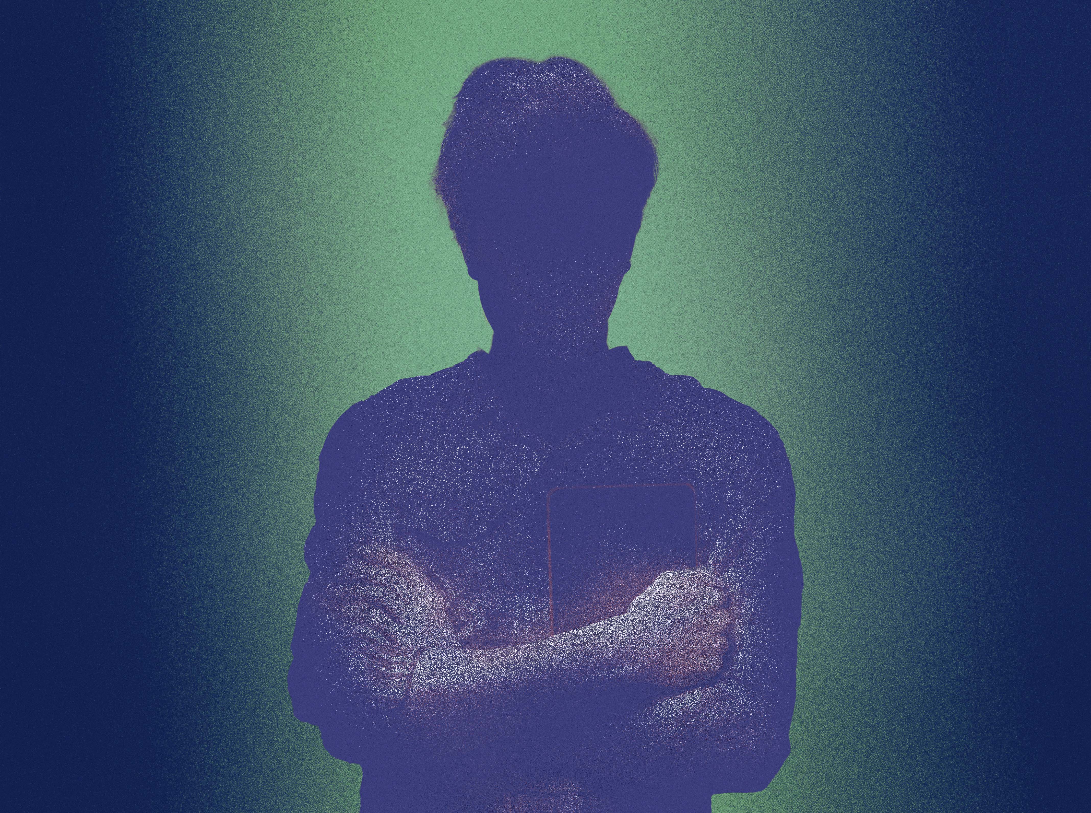 Illustration of a silhouetted man in checkered shirt standing with arms crossed and holding small black book.